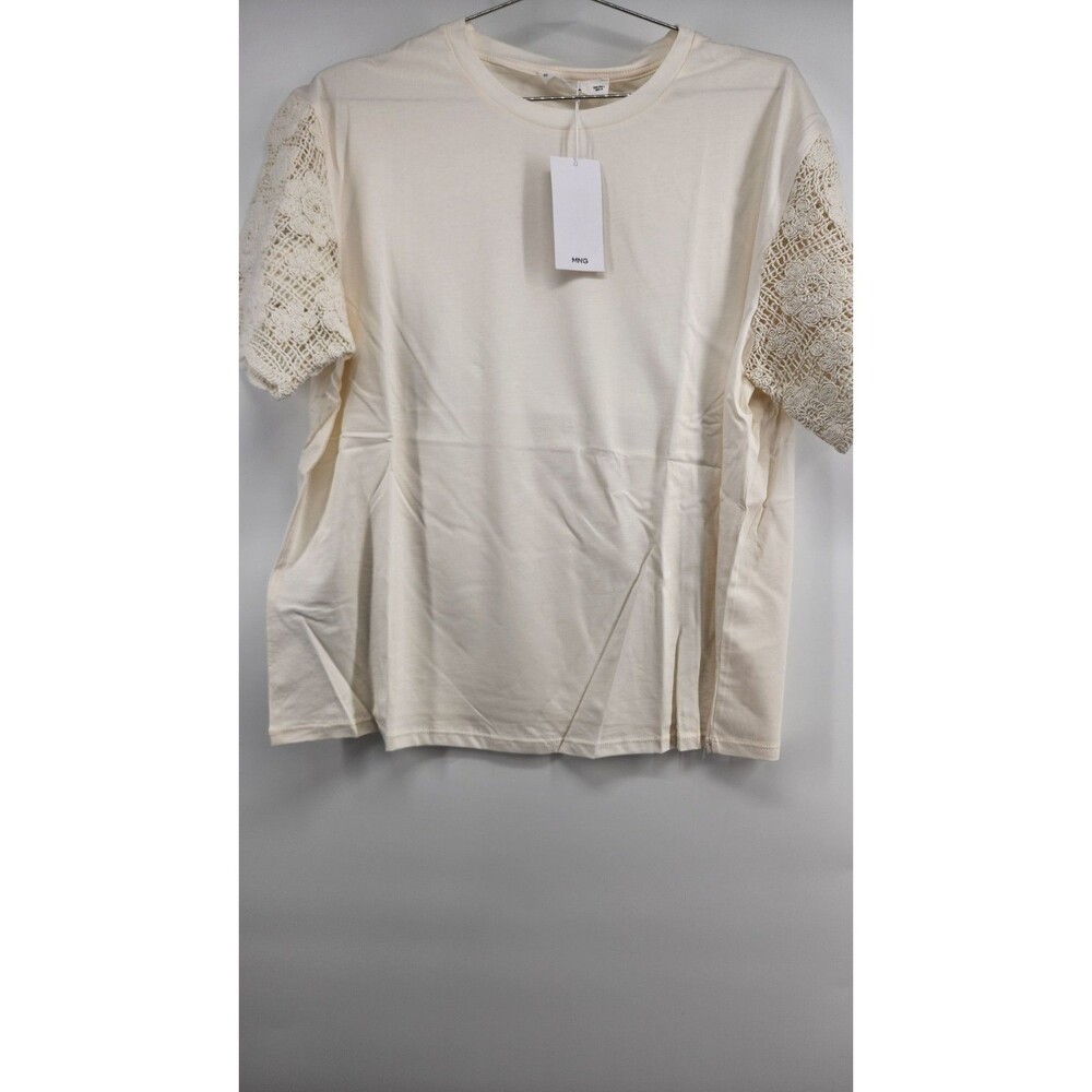 Mango Women's Large Beige Cotton Crochet Sleeve T-Shirt NWT